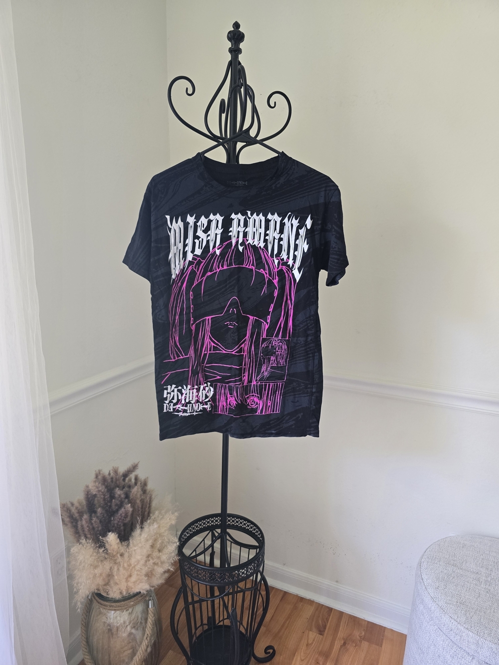 Women's Black Graphic Tee with Neon Pink Anime Illustration